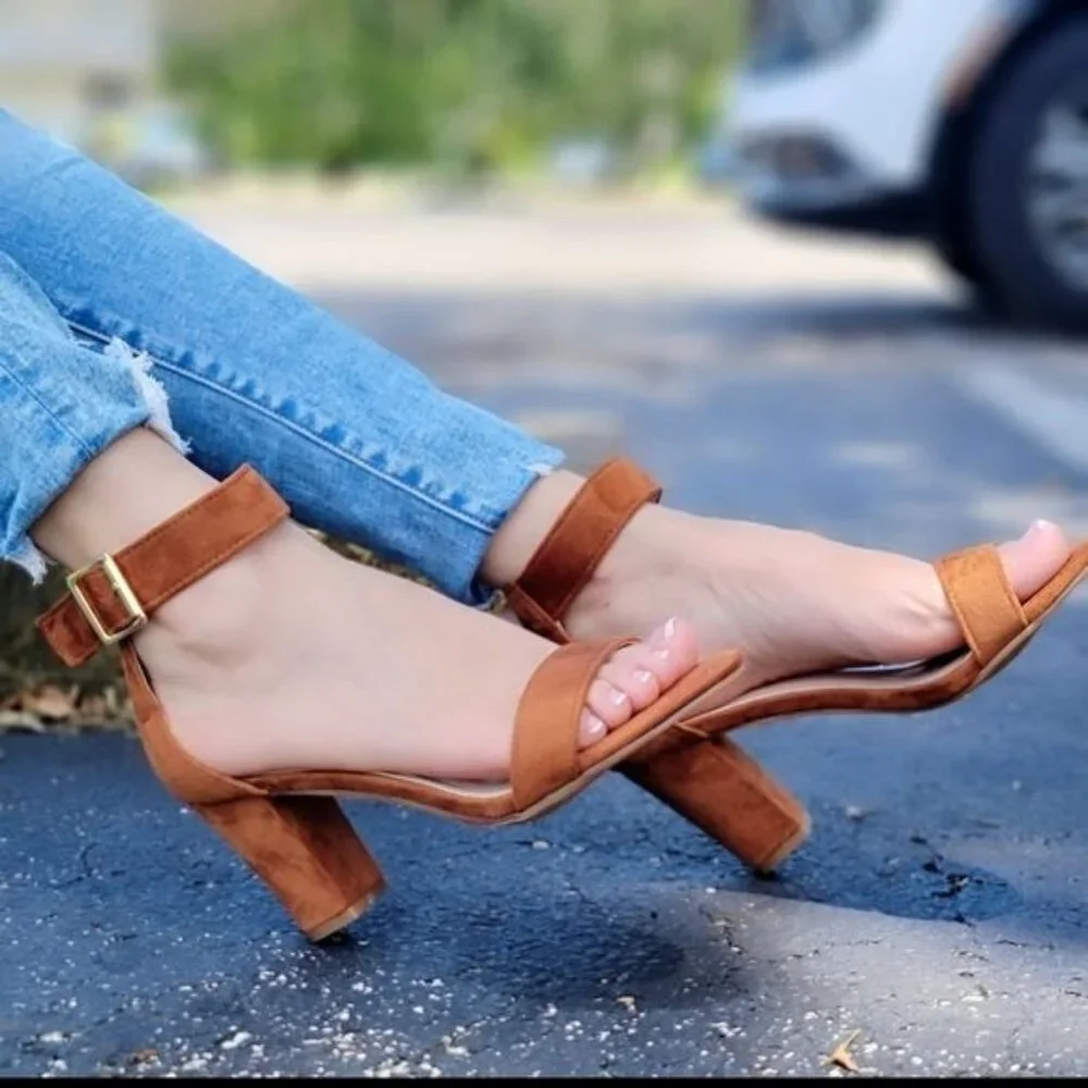 Stylish Women’s Tan Suede Block Heel Sandals – Dress Shoes - Picture 3 of 5